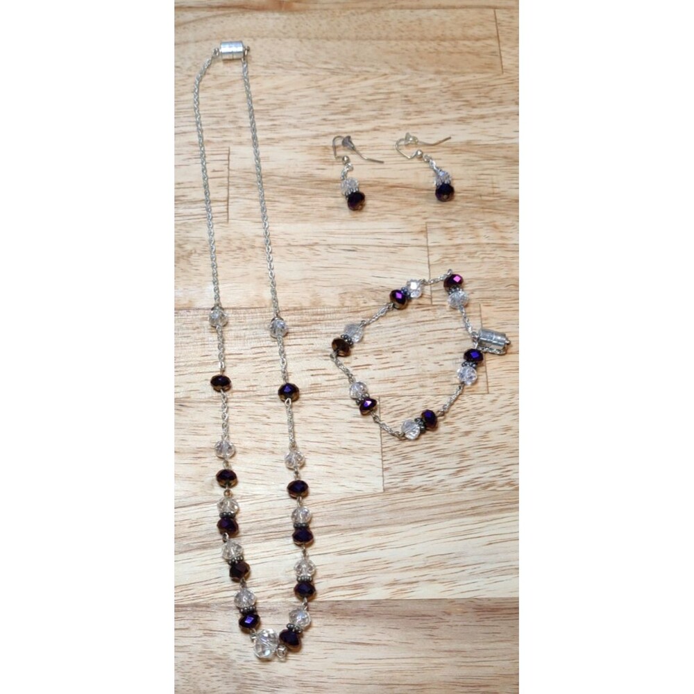 VINTAGE Purple CRYSTAL /PURPLE/CLEAR BEADED LONG NECKLACE, BRACELET, EARRING SET